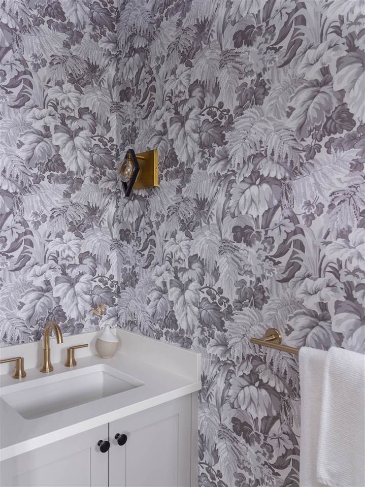 Delicate Black and White Vintage Floral wallpaper in powder room